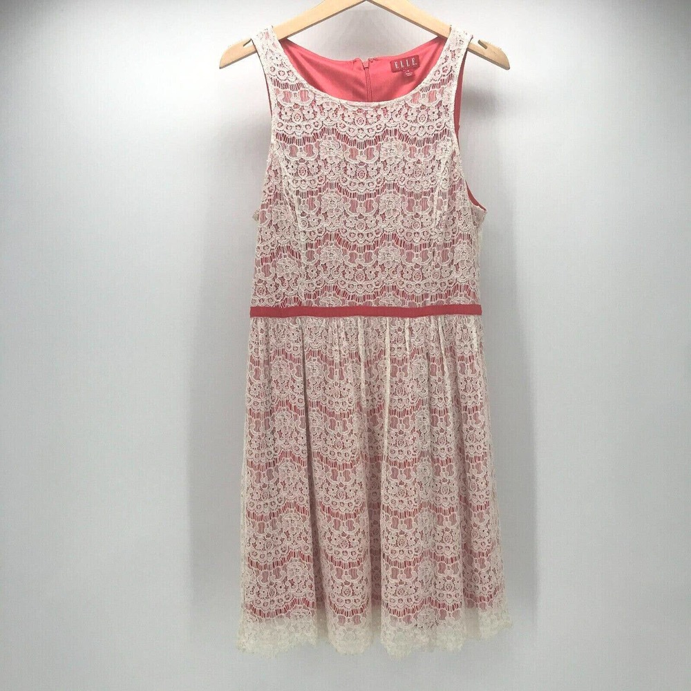 Elle Dress Womens 8 Coral Ivory Lace Overlay Fit & Flare Sleeveless Lined Ribbon - Picture 1 of 7